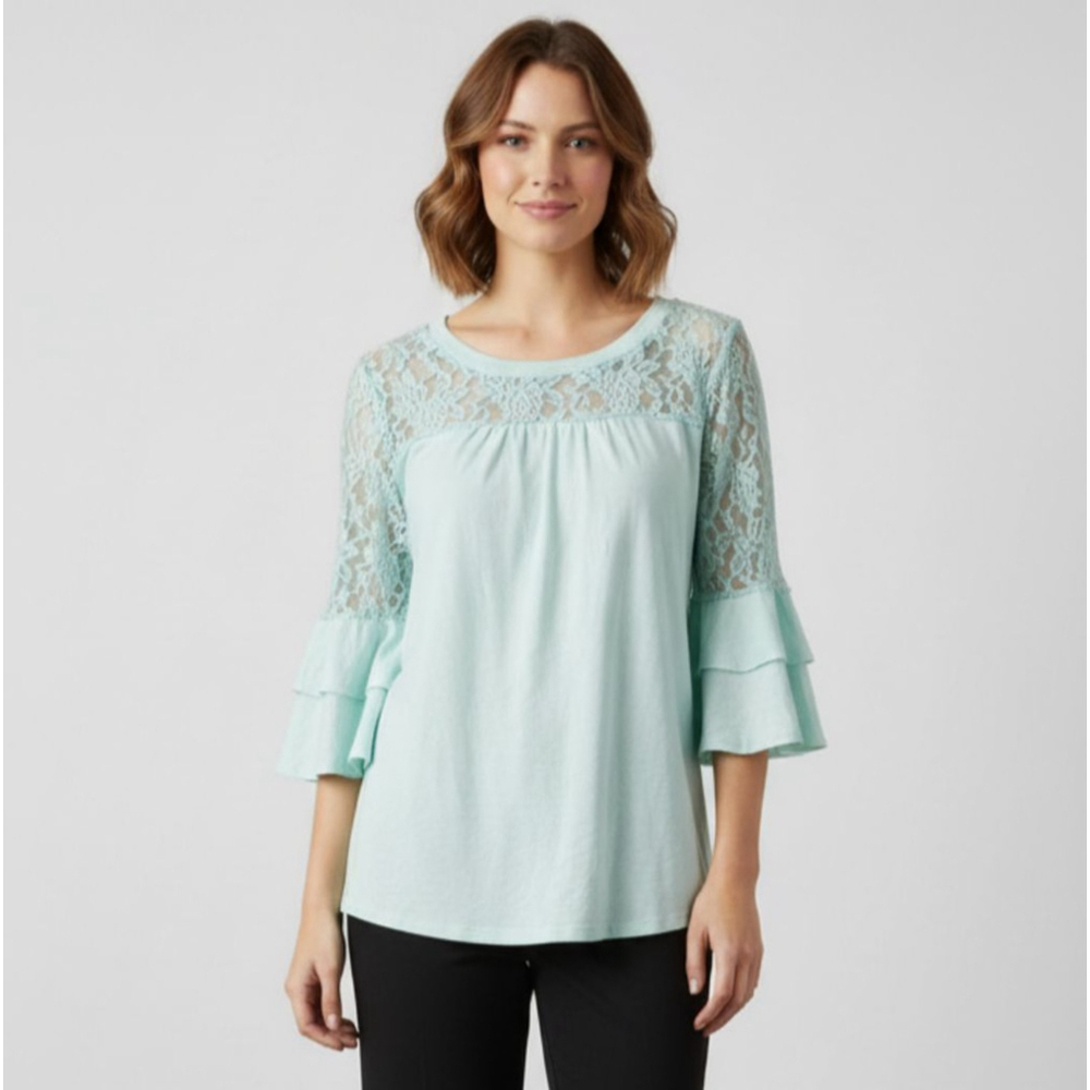 For GandPL Mint Green Lace Three Quarter Sleeve Blouse Medium